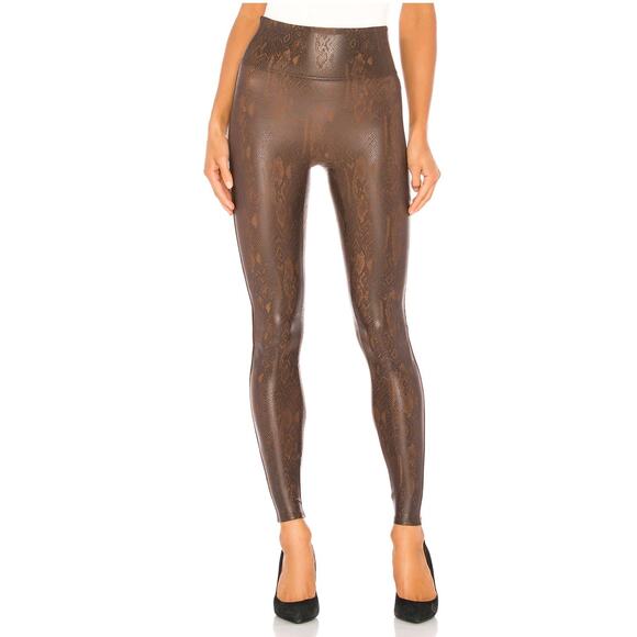 Spanx Faux Leather Brown Snakeskin Leggings Size XL High Rise Edgy Animal Print - Picture 15 of 16